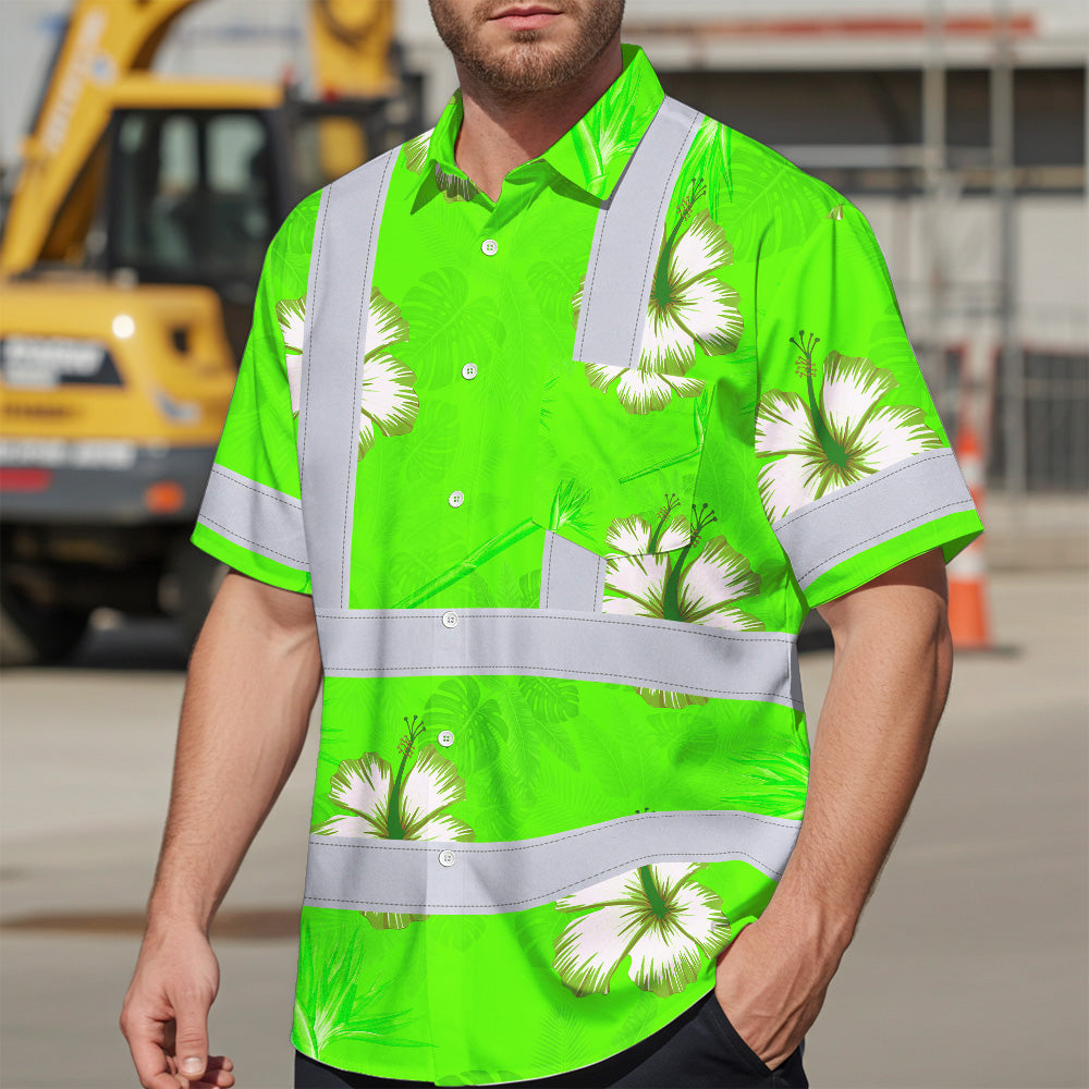 Hi Vis Hawaiian Shirt Reflective Tapes Green Neon Custom Name Safety Workwear For Workers, Truckers, Operators