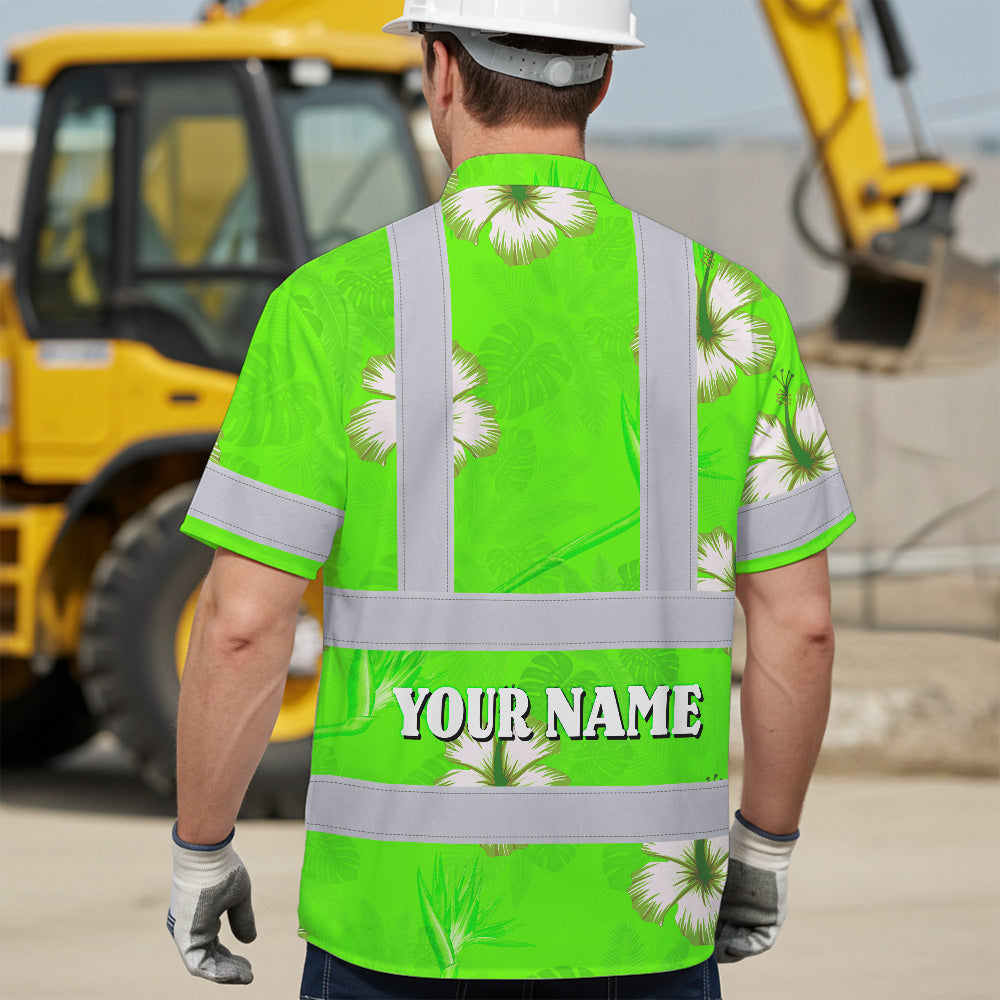 Hi Vis Hawaiian Shirt Reflective Tapes Green Neon Custom Name Safety Workwear For Workers, Truckers, Operators