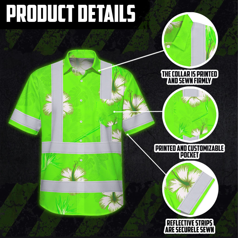 Hi Vis Hawaiian Shirt Reflective Tapes Green Neon Custom Name Safety Workwear For Workers, Truckers, Operators