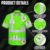 Hi Vis Hawaiian Shirt Reflective Tapes Green Neon Custom Name Safety Workwear For Workers, Truckers, Operators