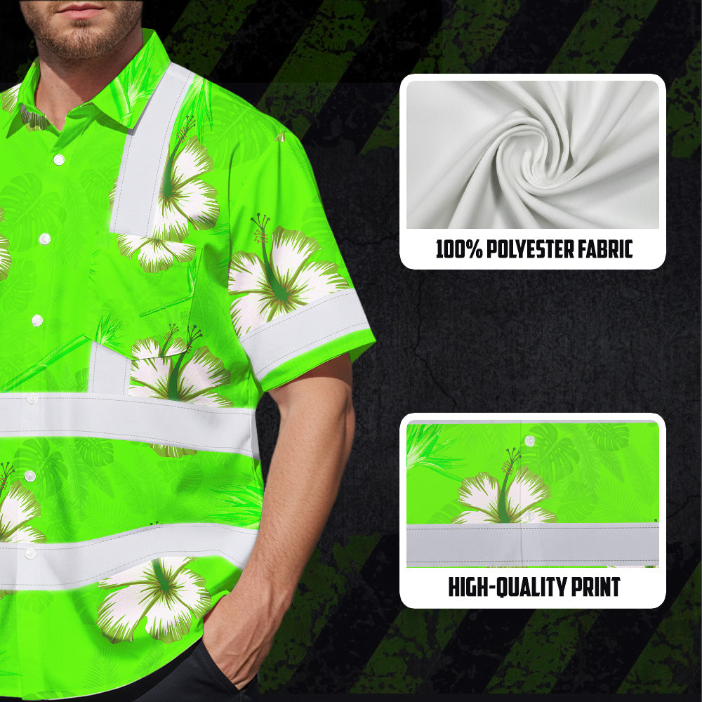 Hi Vis Hawaiian Shirt Reflective Tapes Green Neon Custom Name Safety Workwear For Workers, Truckers, Operators