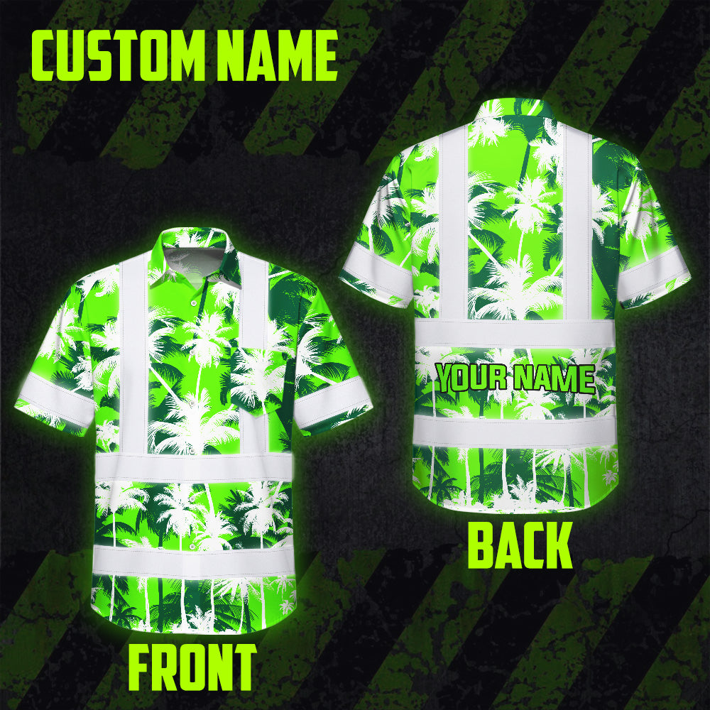 Hi Vis Hawaiian Shirt Reflective Tapes Green Neon Flowers Custom Name Safety Workwear For Workers, Truckers, Operators
