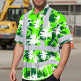 Hi Vis Hawaiian Shirt Reflective Tapes Green Neon Flowers Custom Name Safety Workwear For Workers, Truckers, Operators