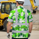 Hi Vis Hawaiian Shirt Reflective Tapes Green Neon Flowers Custom Name Safety Workwear For Workers, Truckers, Operators