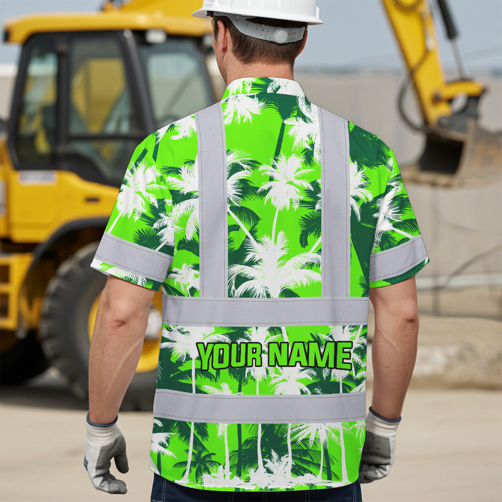 Hi Vis Hawaiian Shirt Reflective Tapes Green Neon Flowers Custom Name Safety Workwear For Workers, Truckers, Operators