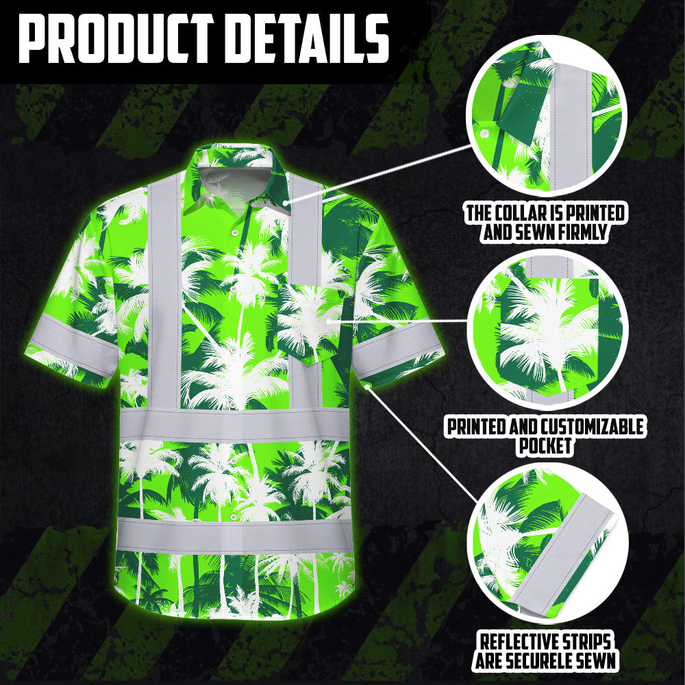 Hi Vis Hawaiian Shirt Reflective Tapes Green Neon Flowers Custom Name Safety Workwear For Workers, Truckers, Operators