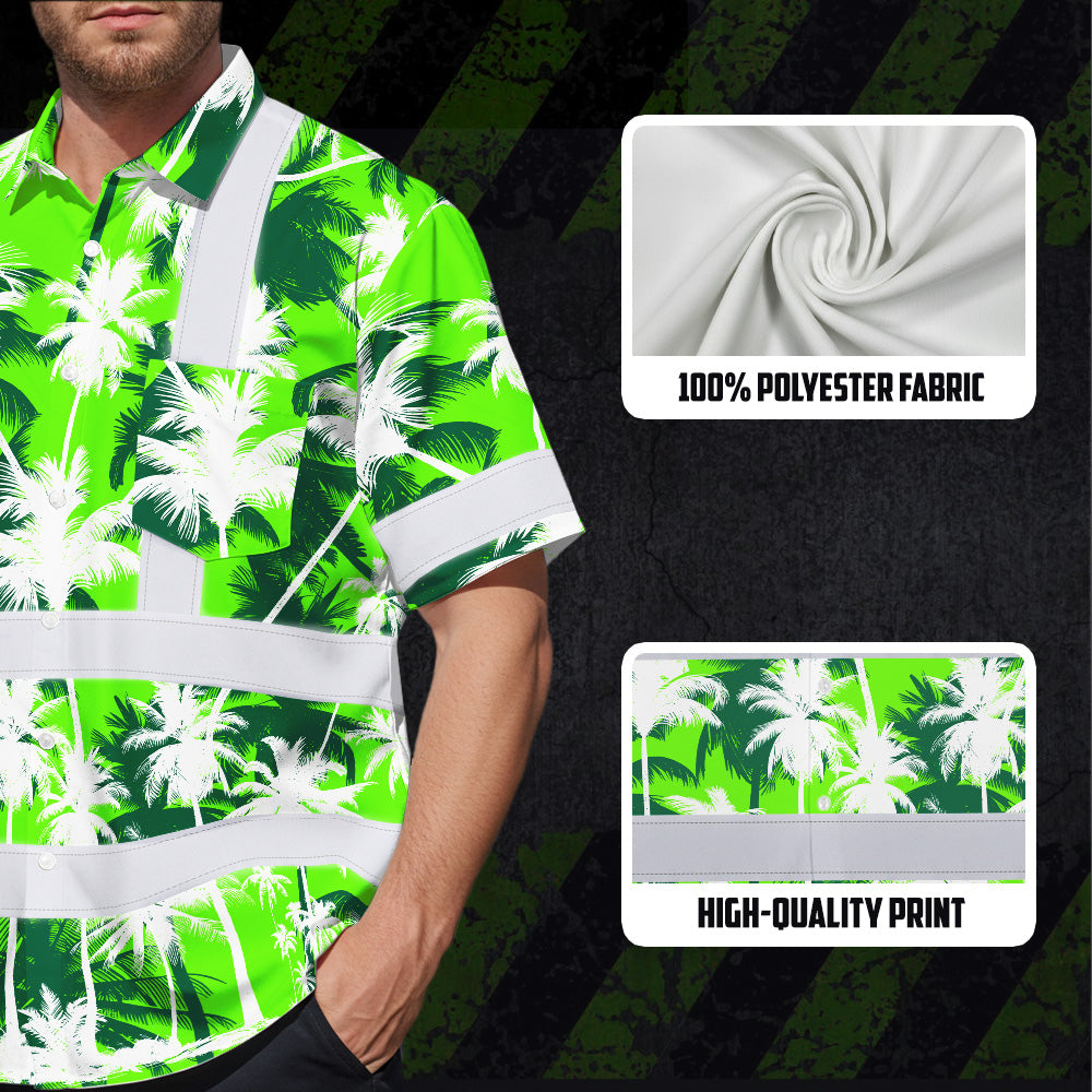 Hi Vis Hawaiian Shirt Reflective Tapes Green Neon Flowers Custom Name Safety Workwear For Workers, Truckers, Operators