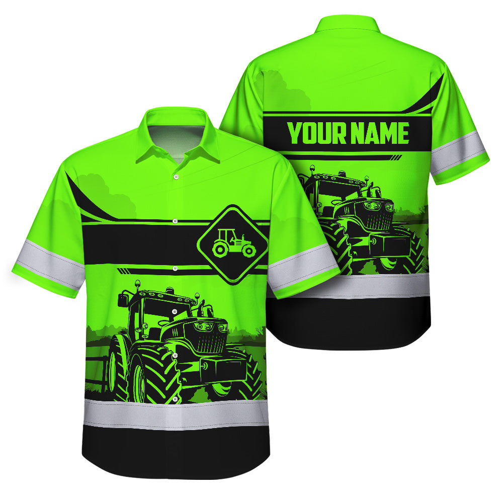 Hi Vis Hawaiian Shirt Reflective Tapes Green Neon Tractor On The Farm Custom Name