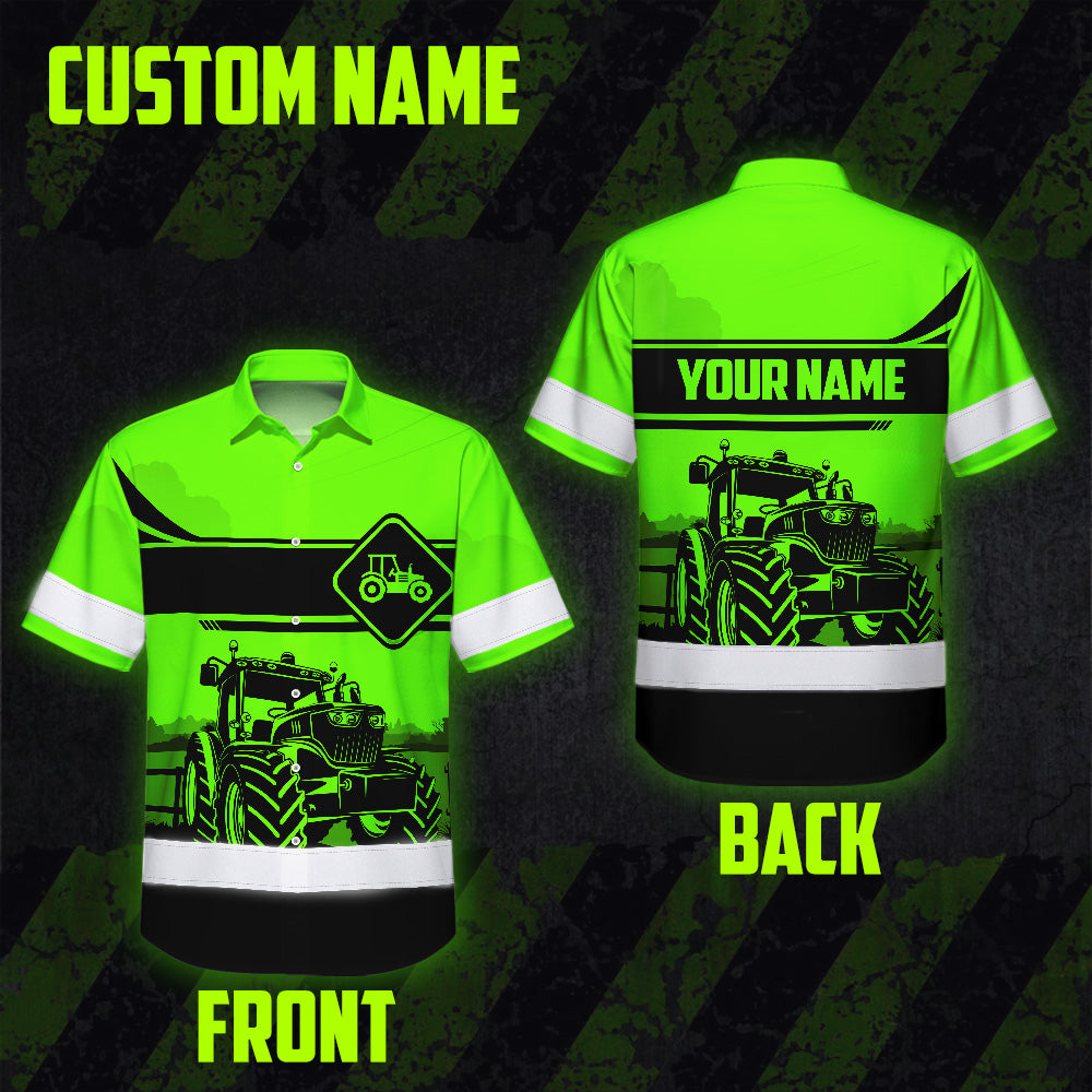 Hi Vis Hawaiian Shirt Reflective Tapes Green Neon Tractor On The Farm Custom Name