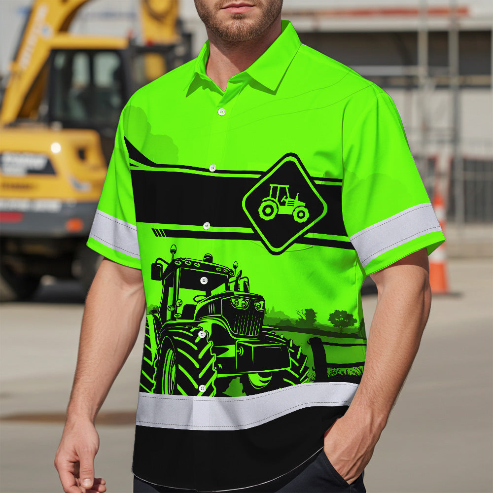 Hi Vis Hawaiian Shirt Reflective Tapes Green Neon Tractor On The Farm Custom Name