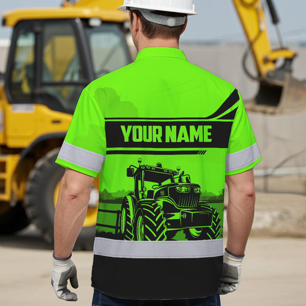 Hi Vis Hawaiian Shirt Reflective Tapes Green Neon Tractor On The Farm Custom Name