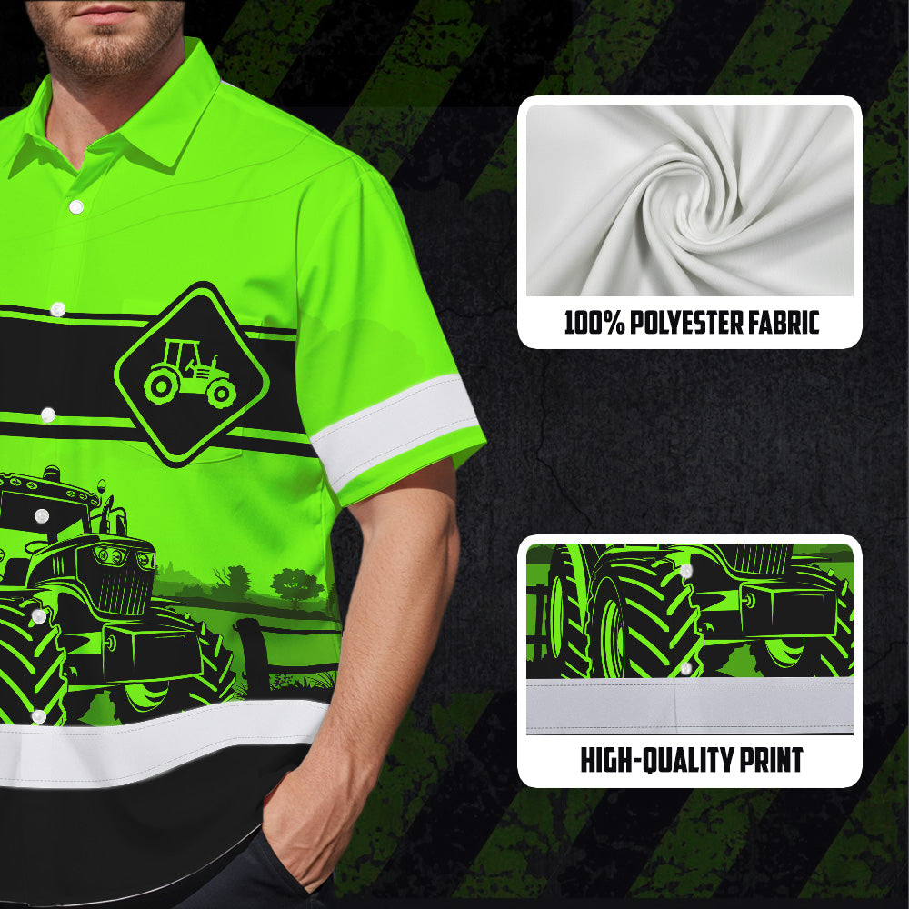 Hi Vis Hawaiian Shirt Reflective Tapes Green Neon Tractor On The Farm Custom Name