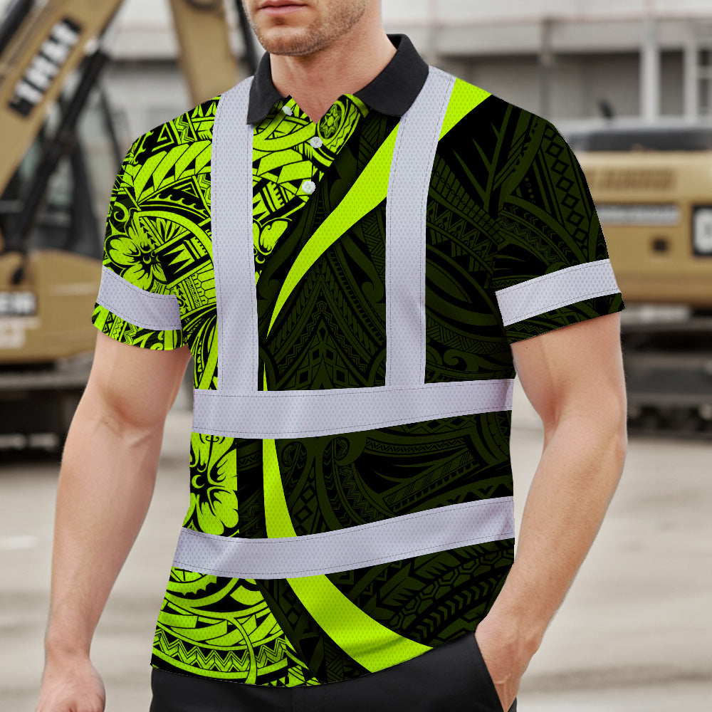 Hi Vis Polo Shirt Reflective Tapes Hawaiian Polynesian Tribal Custom Name Safety Workwear Workers, Truckers