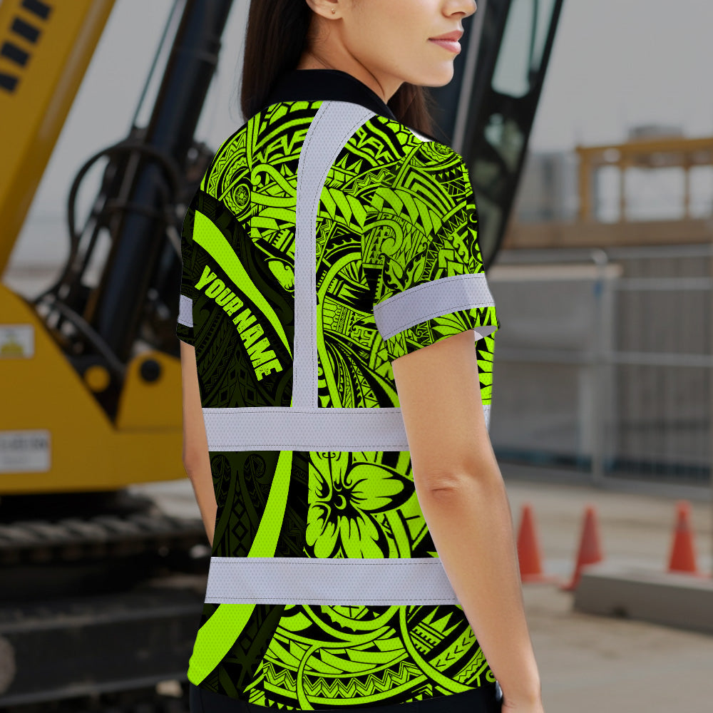 Hi Vis Polo Shirt Reflective Tapes Hawaiian Polynesian Tribal Custom Name Safety Workwear Workers, Truckers