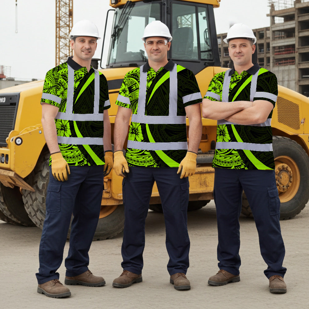 Hi Vis Polo Shirt Reflective Tapes Hawaiian Polynesian Tribal Custom Name Safety Workwear Workers, Truckers
