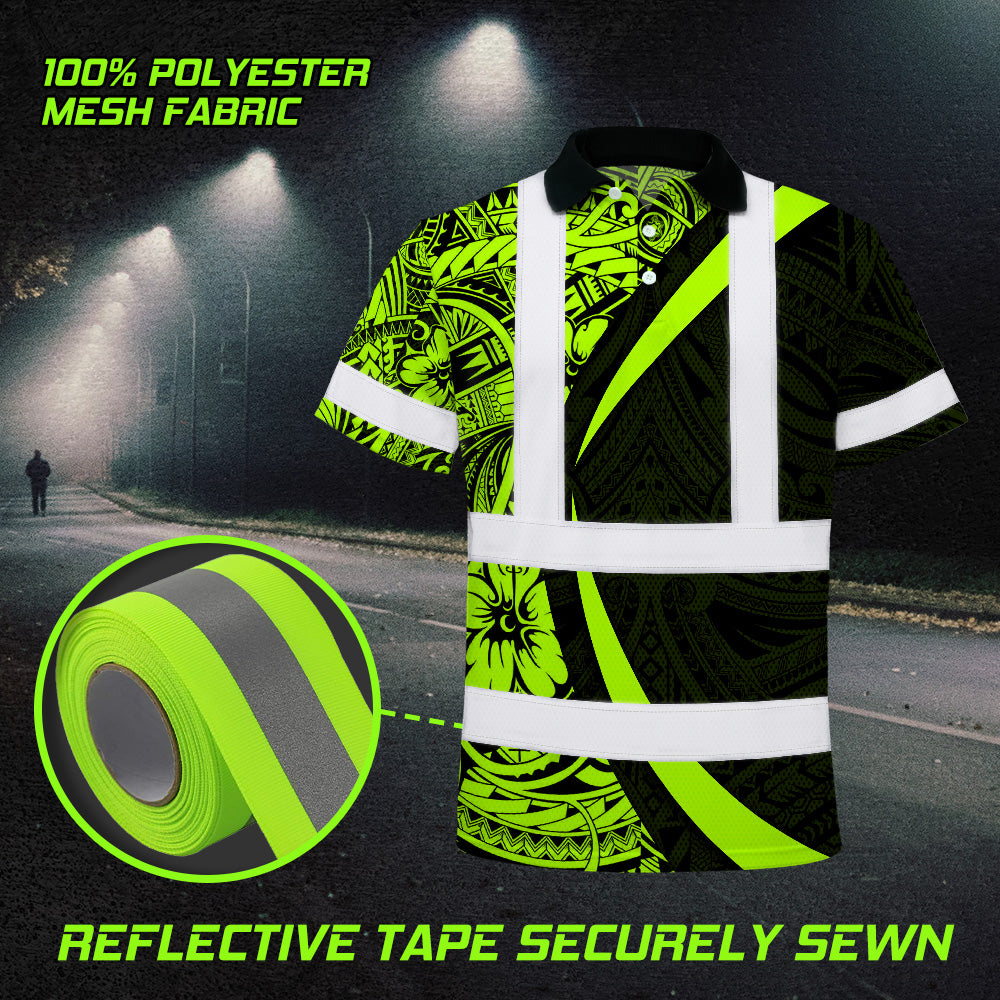Hi Vis Polo Shirt Reflective Tapes Hawaiian Polynesian Tribal Custom Name Safety Workwear Workers, Truckers