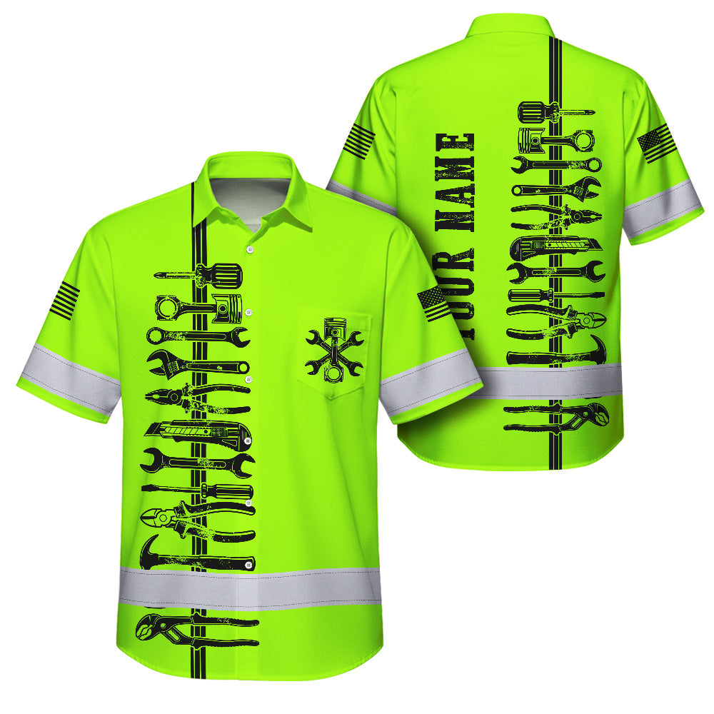 Hi Vis Hawaiian Shirt Reflective Tapes Lime Neon Mechanic Custom Name Safety Workwear For Mechanists, Workers, Truckers, Operators