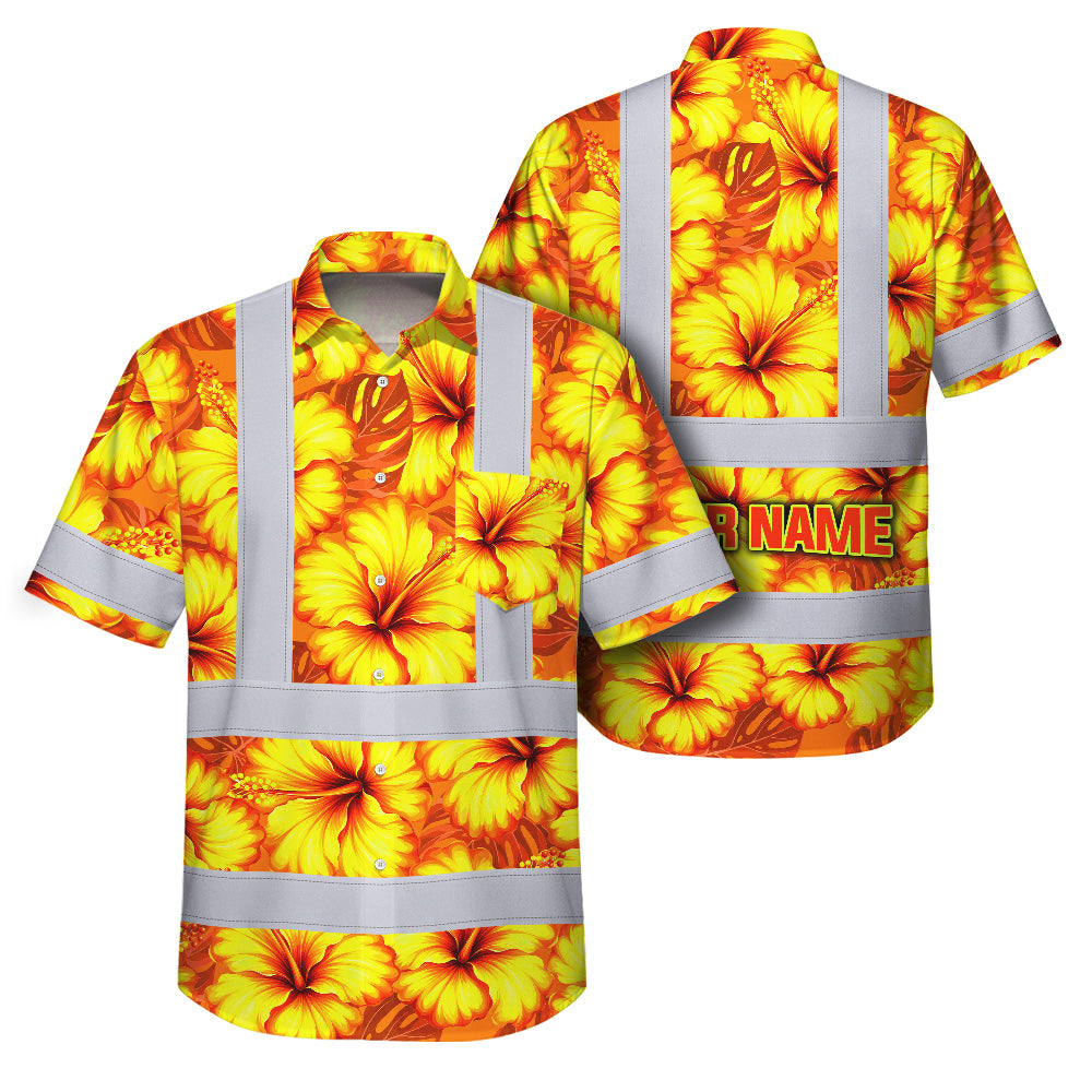 Hi Vis Hawaiian Shirt Reflective Tapes Orange Neon And Yellow Flowers Custom Name Safety Workwear For Workers, Truckers, Operators