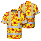 Hi Vis Hawaiian Shirt Reflective Tapes Orange Neon And Yellow Flowers Custom Name Safety Workwear For Workers, Truckers, Operators
