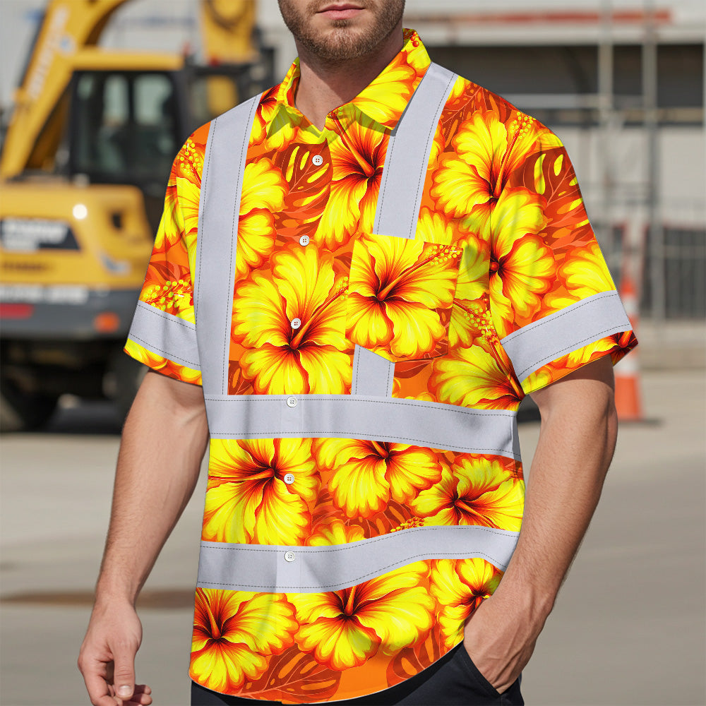 Hi Vis Hawaiian Shirt Reflective Tapes Orange Neon And Yellow Flowers Custom Name Safety Workwear For Workers, Truckers, Operators