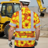 Hi Vis Hawaiian Shirt Reflective Tapes Orange Neon And Yellow Flowers Custom Name Safety Workwear For Workers, Truckers, Operators