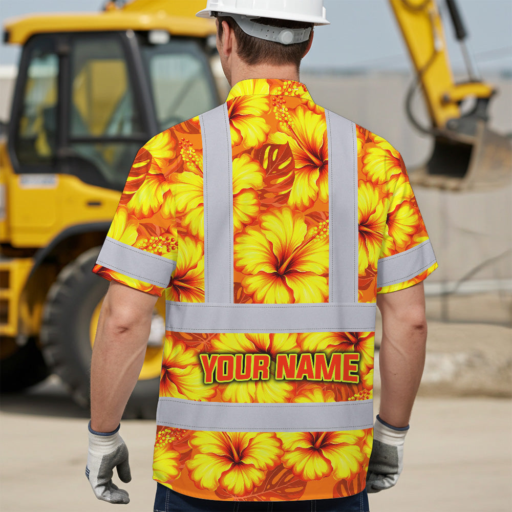 Hi Vis Hawaiian Shirt Reflective Tapes Orange Neon And Yellow Flowers Custom Name Safety Workwear For Workers, Truckers, Operators