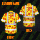 Hi Vis Hawaiian Shirt Reflective Tapes Orange Neon And Yellow Flowers Custom Name Safety Workwear For Workers, Truckers, Operators