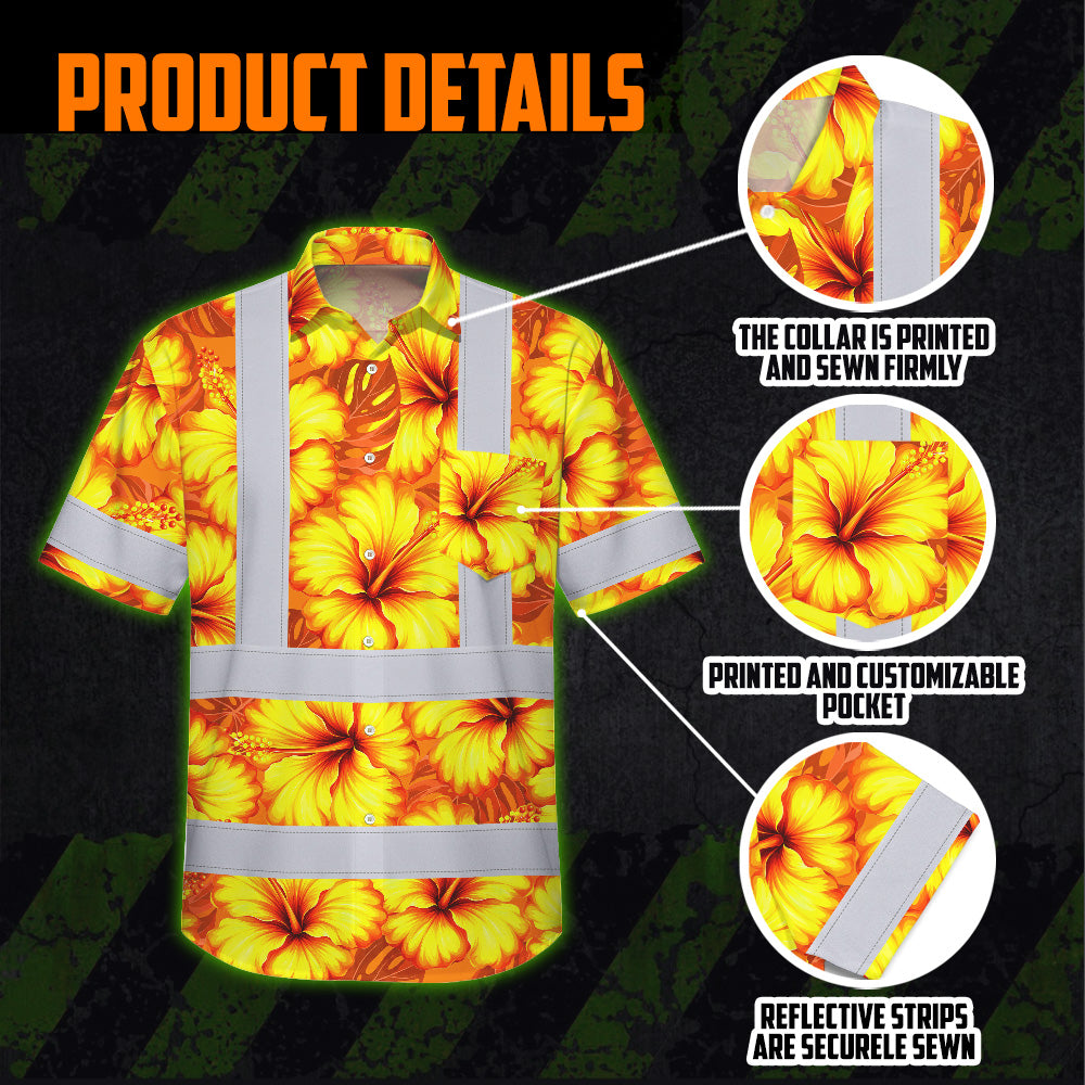 Hi Vis Hawaiian Shirt Reflective Tapes Orange Neon And Yellow Flowers Custom Name Safety Workwear For Workers, Truckers, Operators