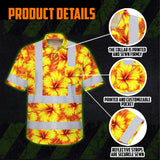Hi Vis Hawaiian Shirt Reflective Tapes Orange Neon And Yellow Flowers Custom Name Safety Workwear For Workers, Truckers, Operators