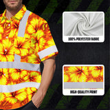 Hi Vis Hawaiian Shirt Reflective Tapes Orange Neon And Yellow Flowers Custom Name Safety Workwear For Workers, Truckers, Operators