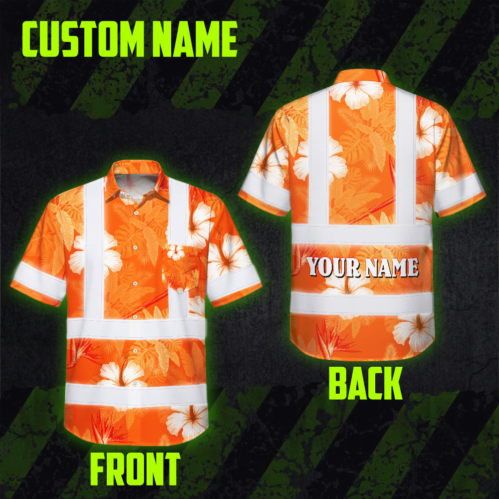 Hi Vis Hawaiian Shirt Reflective Tapes Orange Neon Custom Name Safety Workwear For Workers, Truckers, Operators