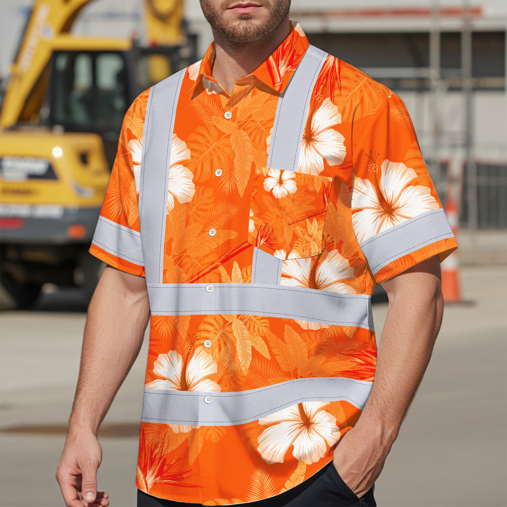 Hi Vis Hawaiian Shirt Reflective Tapes Orange Neon Custom Name Safety Workwear For Workers, Truckers, Operators