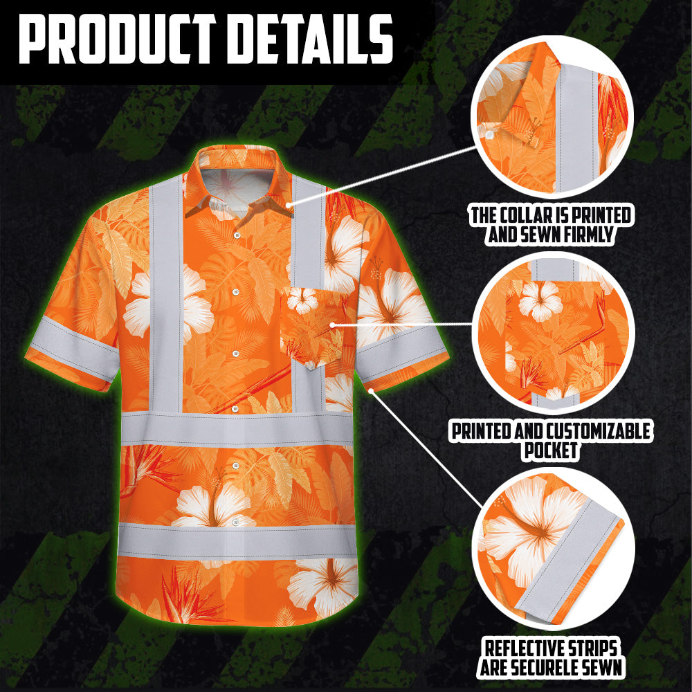 Hi Vis Hawaiian Shirt Reflective Tapes Orange Neon Custom Name Safety Workwear For Workers, Truckers, Operators