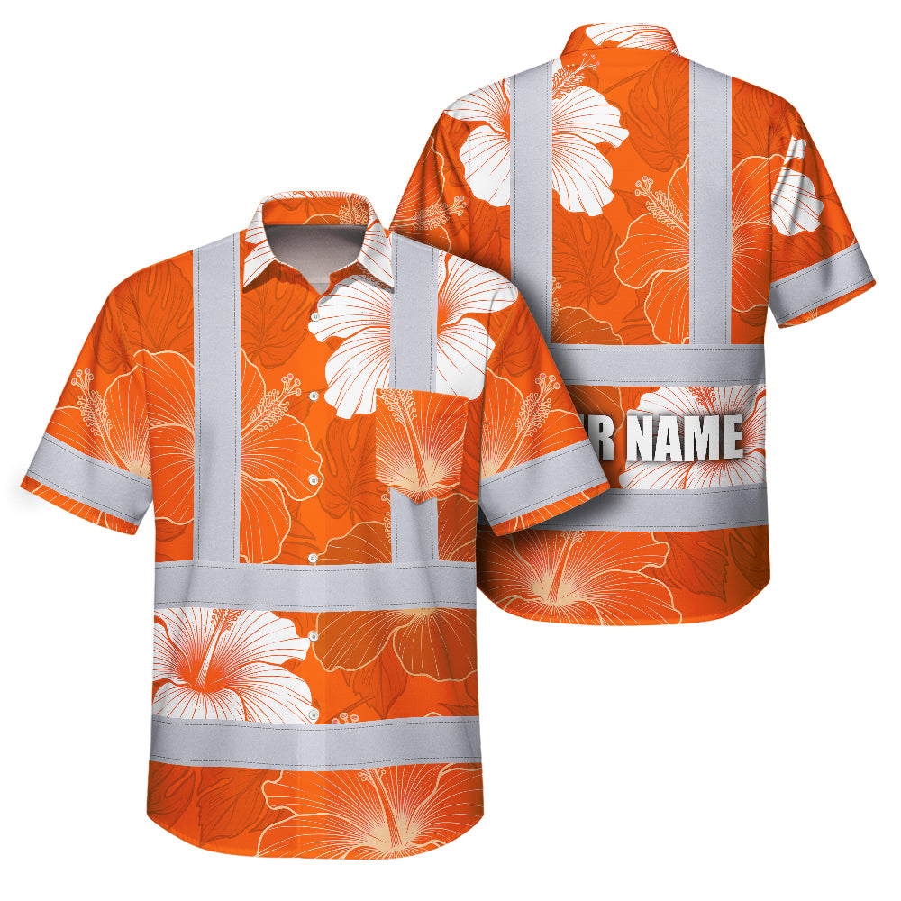 Hi Vis Hawaiian Shirt Reflective Tapes Orange White Flowers Custom Name Safety Workwear For Workers, Truckers, Operators