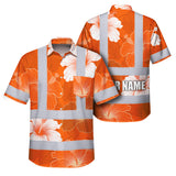 Hi Vis Hawaiian Shirt Reflective Tapes Orange White Flowers Custom Name Safety Workwear For Workers, Truckers, Operators