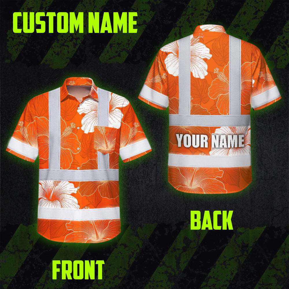 Hi Vis Hawaiian Shirt Reflective Tapes Orange White Flowers Custom Name Safety Workwear For Workers, Truckers, Operators