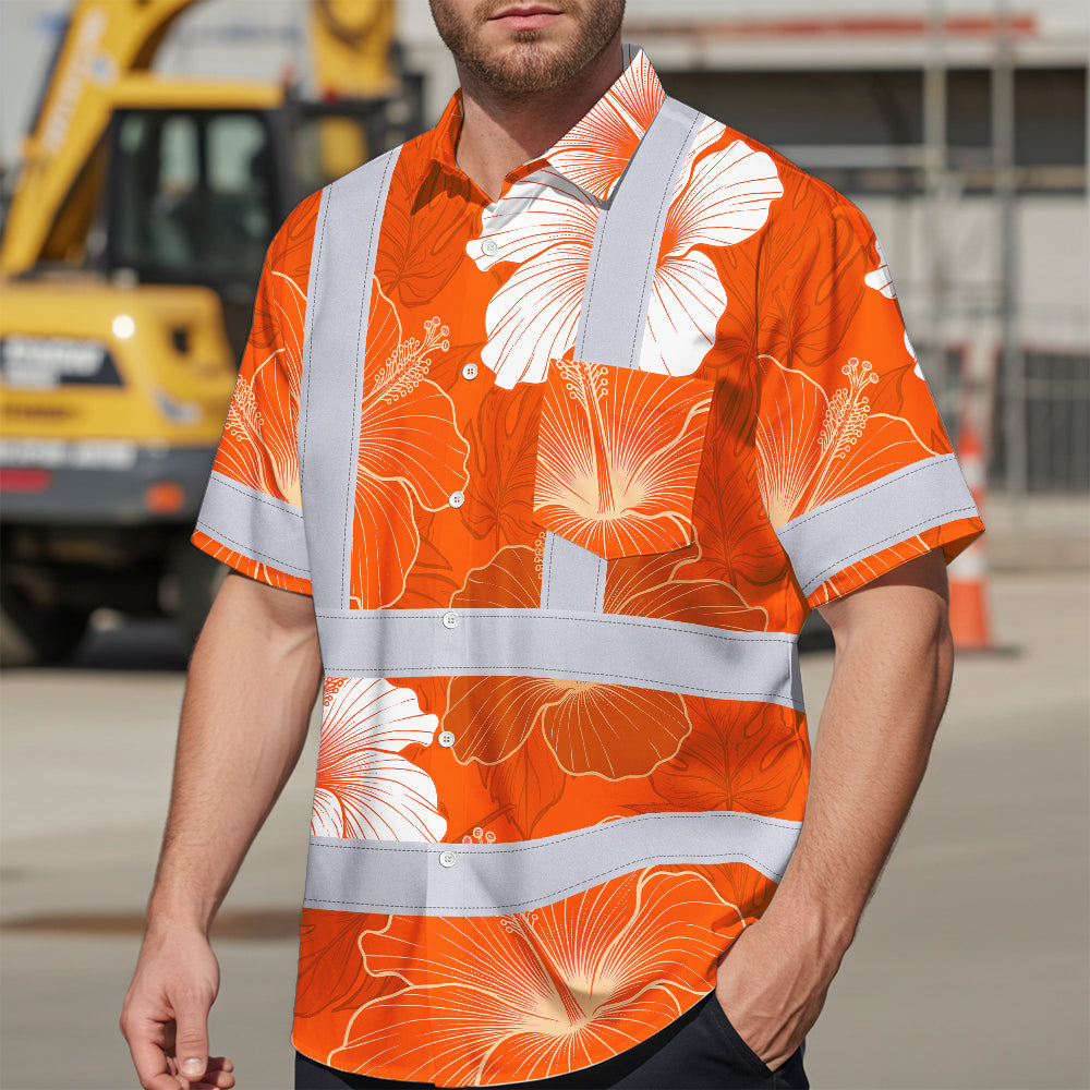 Hi Vis Hawaiian Shirt Reflective Tapes Orange White Flowers Custom Name Safety Workwear For Workers, Truckers, Operators