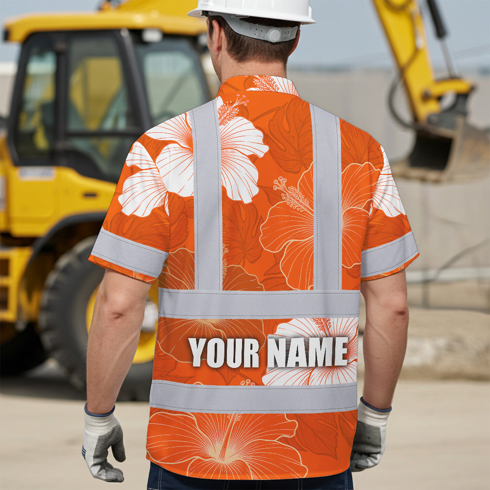 Hi Vis Hawaiian Shirt Reflective Tapes Orange White Flowers Custom Name Safety Workwear For Workers, Truckers, Operators