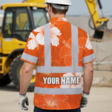 Hi Vis Hawaiian Shirt Reflective Tapes Orange White Flowers Custom Name Safety Workwear For Workers, Truckers, Operators