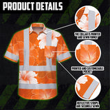 Hi Vis Hawaiian Shirt Reflective Tapes Orange White Flowers Custom Name Safety Workwear For Workers, Truckers, Operators