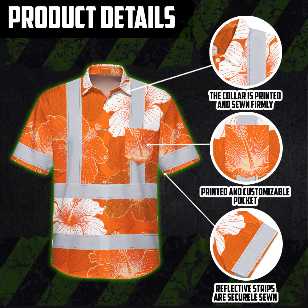 Hi Vis Hawaiian Shirt Reflective Tapes Orange White Flowers Custom Name Safety Workwear For Workers, Truckers, Operators