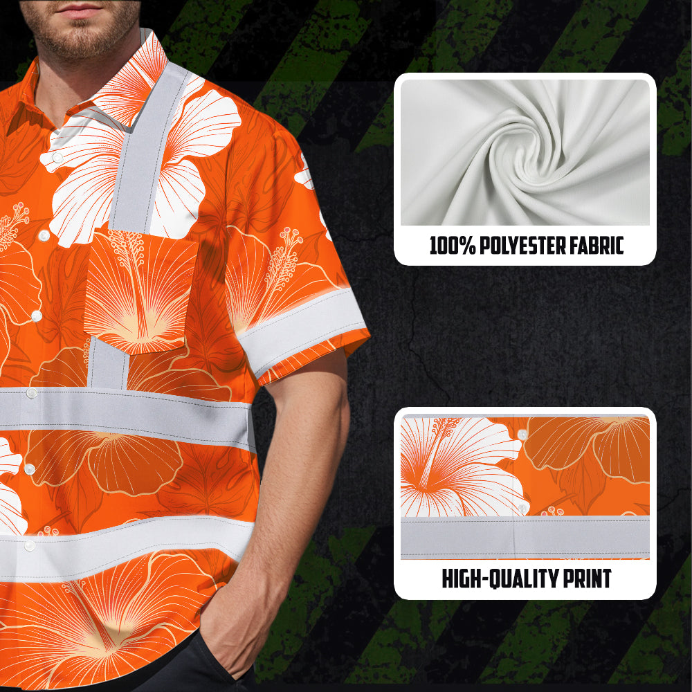 Hi Vis Hawaiian Shirt Reflective Tapes Orange White Flowers Custom Name Safety Workwear For Workers, Truckers, Operators