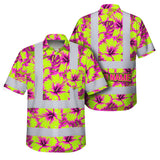 Hi Vis Hawaiian Shirt Reflective Tapes Pink Neon And Lime Flowers Custom Name Safety Workwear For Workers, Truckers, Operators