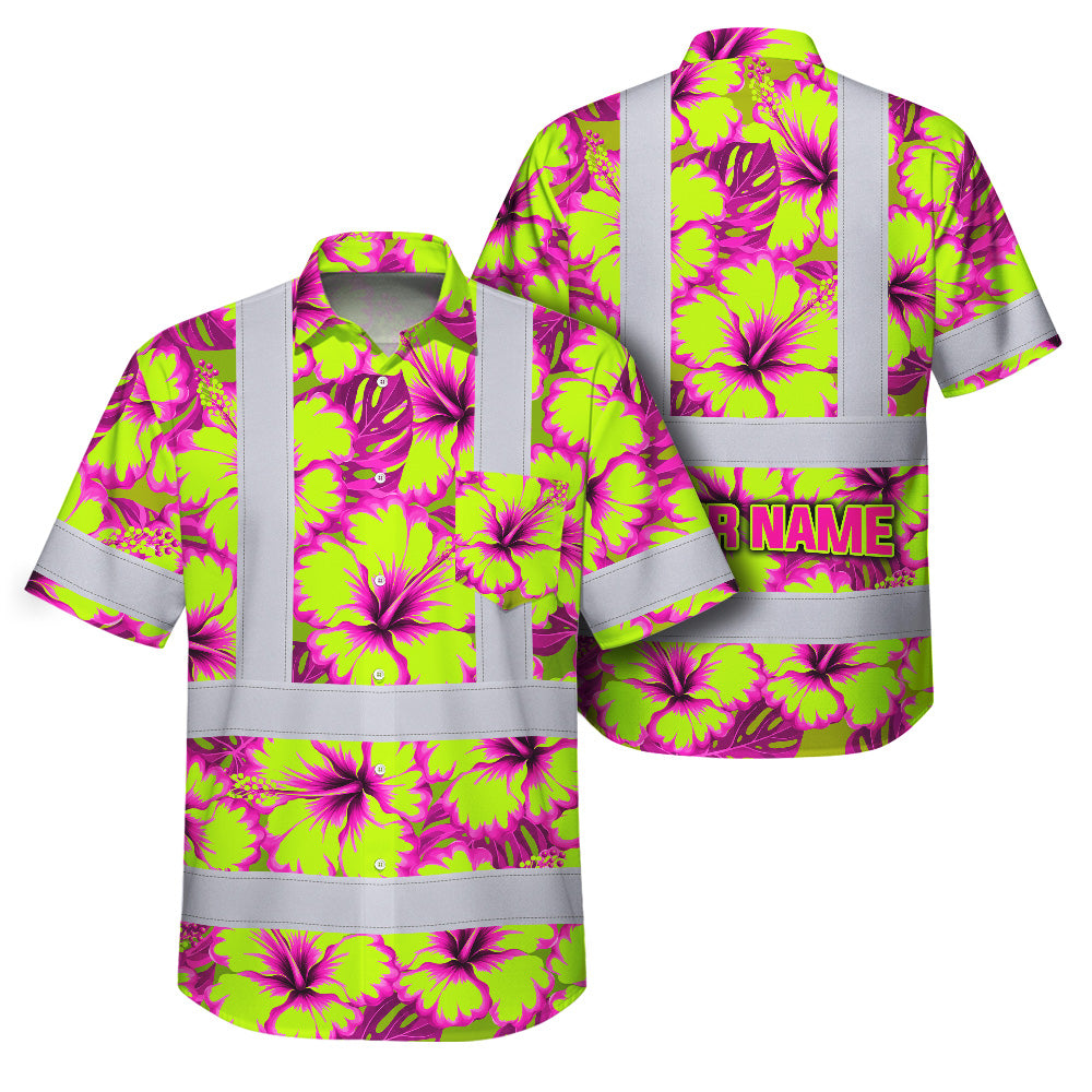 Hi Vis Hawaiian Shirt Reflective Tapes Pink Neon And Lime Flowers Custom Name Safety Workwear For Workers, Truckers, Operators