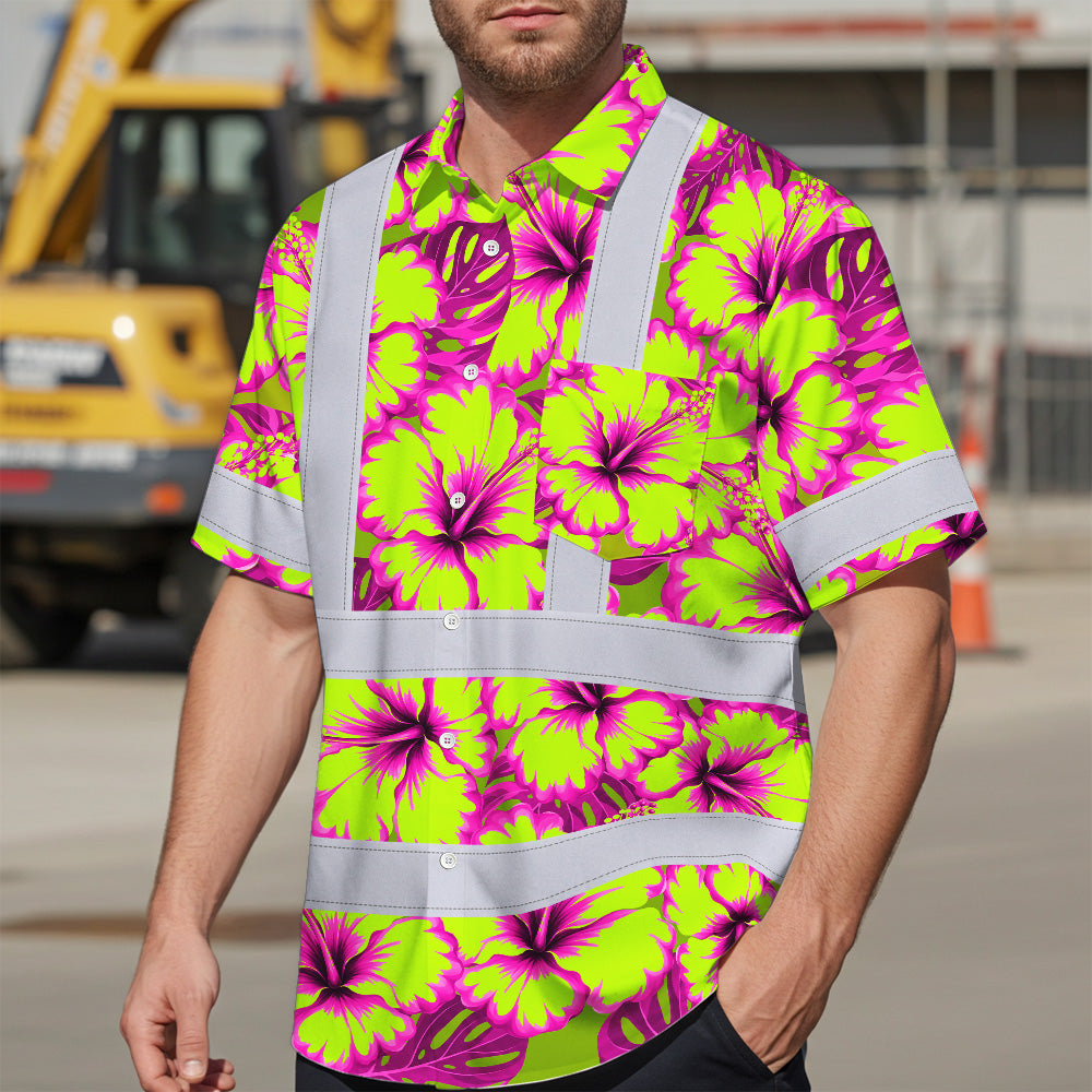Hi Vis Hawaiian Shirt Reflective Tapes Pink Neon And Lime Flowers Custom Name Safety Workwear For Workers, Truckers, Operators