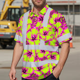 Hi Vis Hawaiian Shirt Reflective Tapes Pink Neon And Lime Flowers Custom Name Safety Workwear For Workers, Truckers, Operators