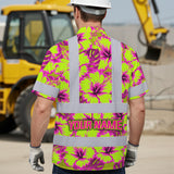 Hi Vis Hawaiian Shirt Reflective Tapes Pink Neon And Lime Flowers Custom Name Safety Workwear For Workers, Truckers, Operators