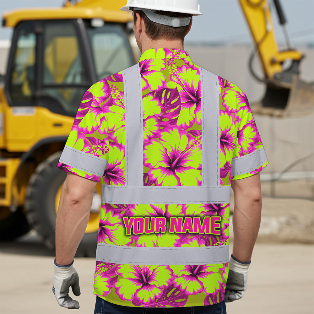 Hi Vis Hawaiian Shirt Reflective Tapes Pink Neon And Lime Flowers Custom Name Safety Workwear For Workers, Truckers, Operators