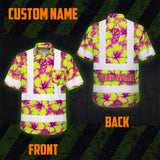 Hi Vis Hawaiian Shirt Reflective Tapes Pink Neon And Lime Flowers Custom Name Safety Workwear For Workers, Truckers, Operators