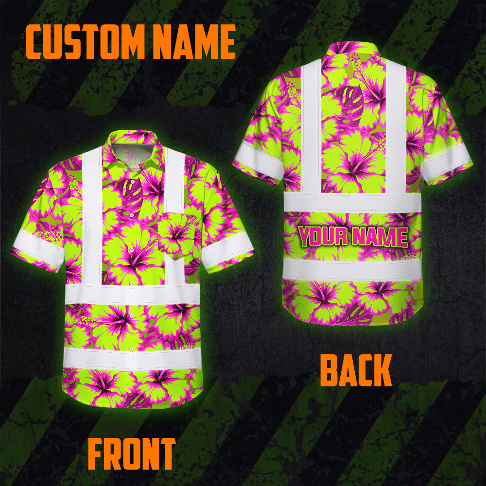 Hi Vis Hawaiian Shirt Reflective Tapes Pink Neon And Lime Flowers Custom Name Safety Workwear For Workers, Truckers, Operators